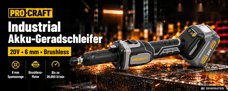 Amoladora recta con batería Procraft Industrial DG20A-BB 20 V 6 mm sin escobillas + 2 baterías de 4,0 Ah + cargador