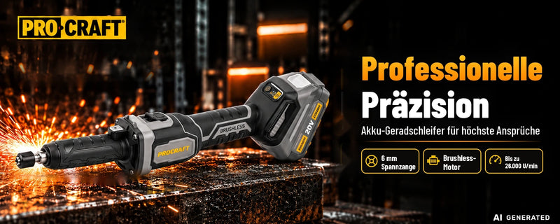 Amoladora recta con batería Procraft Industrial DG20A-BB 20 V 6 mm sin escobillas + 2 baterías de 4,0 Ah + cargador