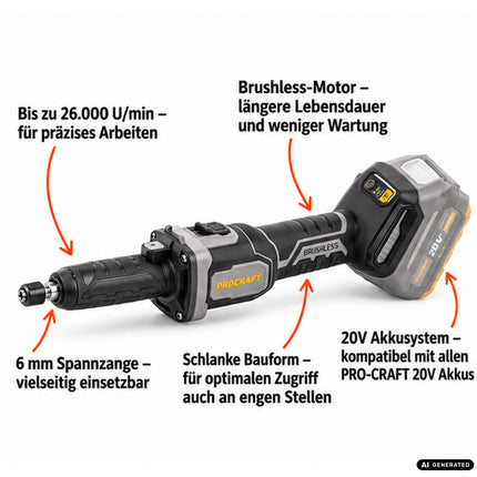 Amoladora recta con batería Procraft Industrial DG20A-BB 20 V 6 mm sin escobillas + 2 baterías de 4,0 Ah + cargador