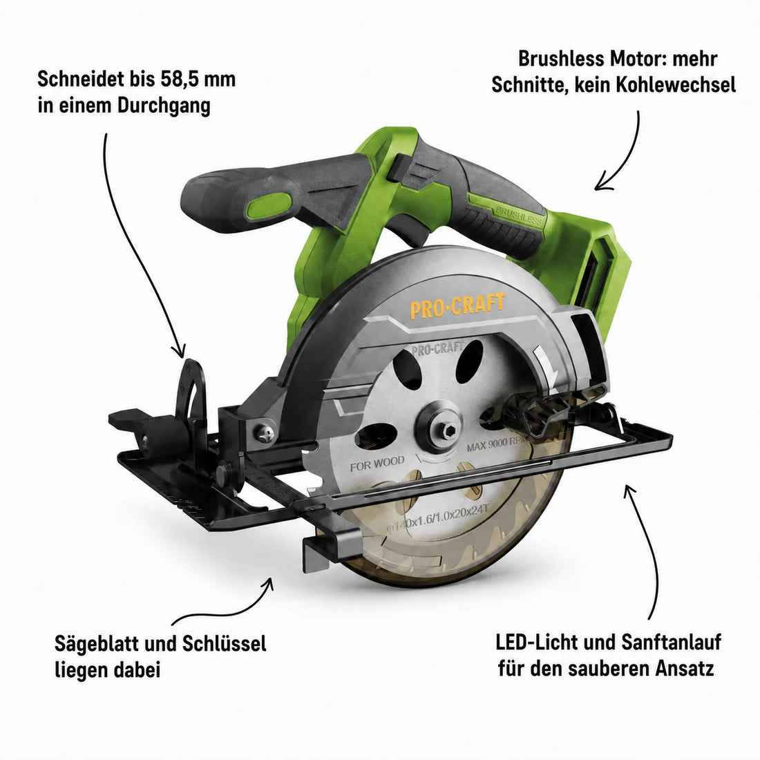 Sierra circular a batería Procraft PCA32-BB 20 V 165 mm sin escobillas + 2 baterías de 4,0 Ah + cargador